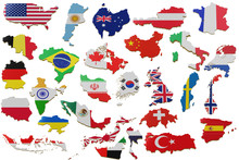 Set 3D Map With Many Countries. Map Of Countries Land Border With Flag. Countries Map On White Background. 3d Rendering