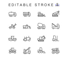 Construction Machinery Linear Contour Illustrations Icons Set. Heavy Duty Machines Outline Symbols Pack. Collection Of Road Repair Equipment Icons Isolated. Vehicle. Auto Cement Truck. Editable Stroke