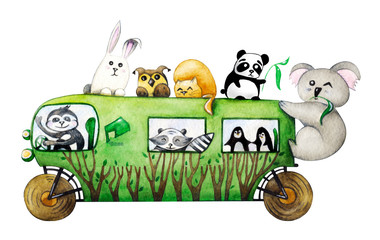 Children's illustration with the image of cute animals. Different animals ride the bus.