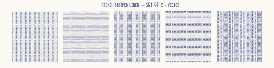 Seamless french farmhouse style woven linen stripe texture. Ecru flax blue hemp fiber. Natural pattern background. Organic yarn closeup weave fabric for kitchen towel material. Striped set of 5 