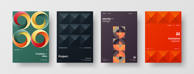 Company identity brochure template collection. Business presentation vector A4 vertical orientation front page mock up set. Corporate report cover abstract geometric illustration design layout bundle.