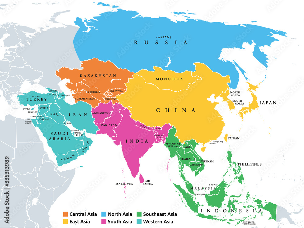 Main regions of Asia. Political map with single countries. Colored subregions of the Asian continent. Central, East, North, South, Southeast and Western Asia. English labeled. Illustration. Vector. - obrazy, fototapety, plakaty 