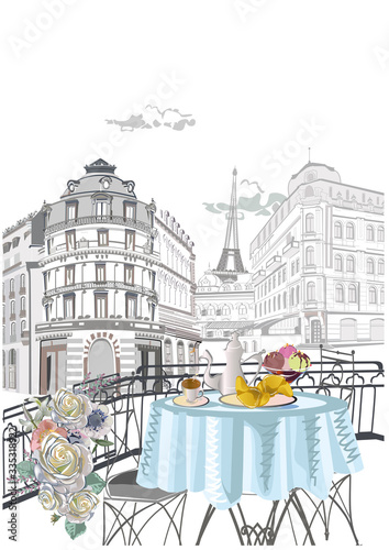 Series of backgrounds decorated with flowers, old town views and street cafes...