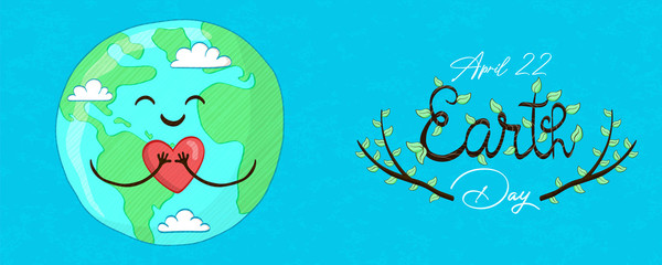 Wall Mural - April 22 earth day banner of cute planet with love