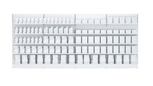 3D Image Of Four Supermarket Shelving Showcase Displays With Shelves With Packs Staying In Full Front Isometric View In The Row On Isolated White Background. It Can Be Seamless Multiplied In One Row