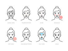Skin Problems Icons: Aging, Oily, Dry Skin, Rosacea, Acne, Pigmentation, Enlarged Pores, Bags Under Eyes