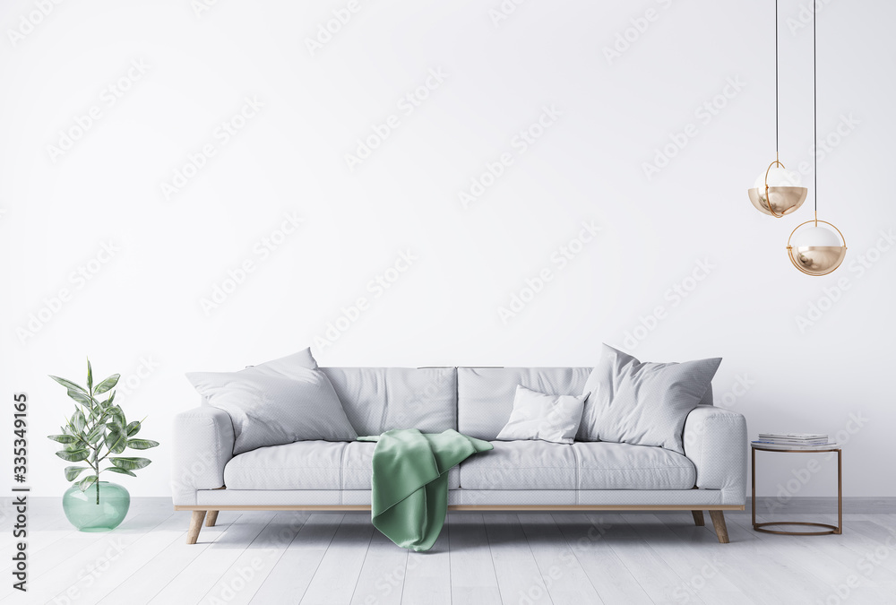 interior house with simple white background mock up. grey velvet sofa with green plaid on . modern space concept. 3d render. Illustration  - obrazy, fototapety, plakaty 