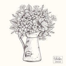 Bouquet Of Vintage Botanical Flowers In An Old Jug. Vector Collection Of Hand Drawn Flowers. Hydrangea, Peony And Different Leaves And Flowers.