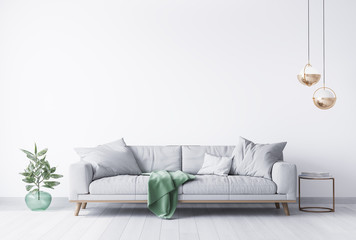 interior house with simple white background mock up. grey velvet sofa with green plaid on . modern s