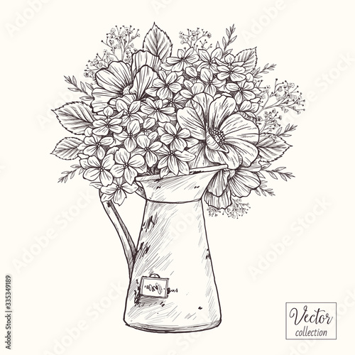 Bouquet of Vintage Botanical Flowers in an old jug. Vector collection of hand drawn flowers. Hydrangea, peony and different leaves and flowers.