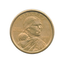 Sacagawea One Dollar Coin Of The United States Isolated On A White Background. Obverse