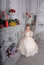 Little Girl In Elegant White Victorian Dress In The Interior