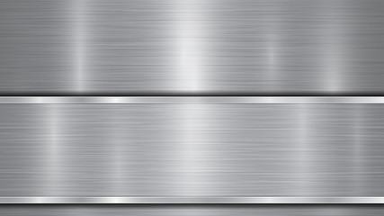 Background in silver and gray colors, consisting of a shiny metallic surface and one horizontal polished plate located below, with a metal texture, glares and burnished edges