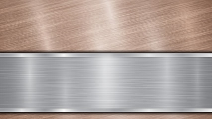 Background consisting of a bronze shiny metallic surface and one horizontal polished silver plate located below, with a metal texture, glares and burnished edges