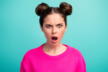 Canvas Print - Close-up portrait of her she nice attractive lovely sad mad shocked girl lose loser bad news reaction isolated over bright vivid shine vibrant blue turquoise color background