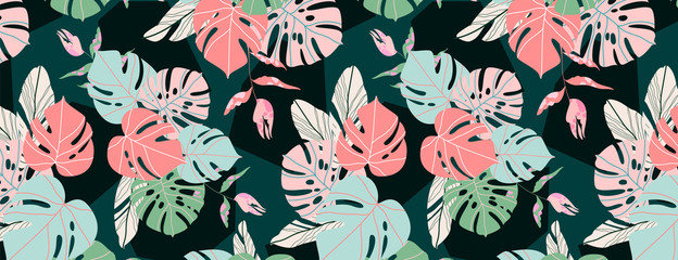 Dark jungle leaf pattern. Exotic tropical monstera and palm leaves on a dark green background. Modern seamless vector design for web and print. Nature in warm countries. Rainforest plants.