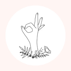 Wall Mural - Woman hands line art. Natural hand position, gestures in minimalist and boho style. Elegant logo, badges and pre-made scenes with hand and flowers.