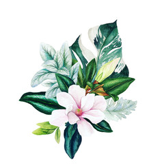 Sticker - Magnolia and leaves, bright watercolor bouquet with monstera