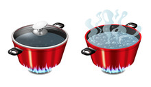 Set Of Red Pans With Boiling Water, Opened And Closed Pan Lid