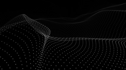 Poster - Abstract dynamic wave of particles. Wave of gradient dots on black background. Futuristic vector illustration.
