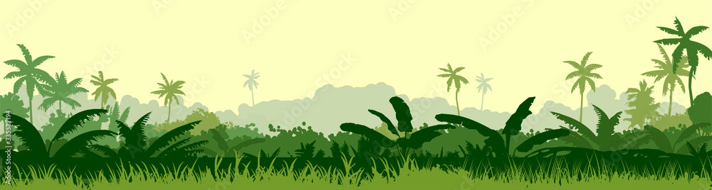 Tropical plants, herbs. The jungle, the savannah. Vector. Dense thickets of meadow. Light foggy green horizon, lush young grass and shrubs. Spreading palm trees in the distance. Background landscape. - obrazy, fototapety, plakaty 