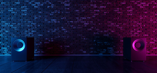 Brick Wall Night Show Music Dance Stage Neon Glowing Purple Blue VIbrant Lights Loud Speakers Concrete Floor Brick Wall Retro Modern Garage 3D Rendering