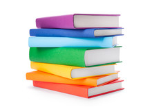 Stack Of Colorful Books Isolated On White Background. Collection Of Different Books. Hardback Books For Reading. Back To School And Education Learning Concept