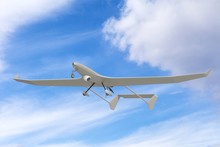 Unmanned Military Drone Uav On Patrol Air Territory At Low Altitude. 3D Render
