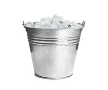 Metal Bucket With Ice Cubes Isolated On White