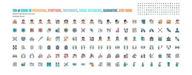 Simple Set of Covid-19 Prevention Filled Outline Icons. such Icons as Protective, Coronavirus, Social Distancing, Symptoms, Quarantine, Stay at Home, Hand Washing 64x64 Pixel Perfect. Editable Stroke.