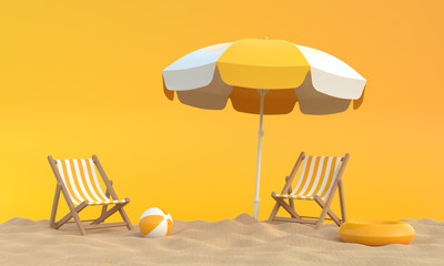 Beach umbrella with chairs and beach accessories on the bright orange background. Summer vacation concept. Minimalism concept. 3D Rendering, 3D Illustration