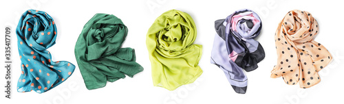 Fotografía Different beautiful scarves on white background