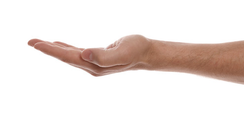 Wall Mural - man against white background, closeup of hand