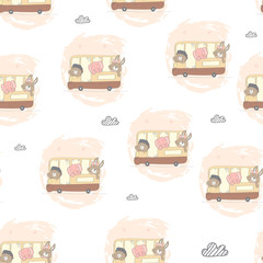 Wall Mural - Kids baby pattern of cute bear,rabbit and elephant on the bus