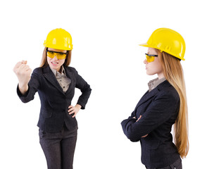 Woman construction worker isolated on white