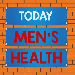 Wall Mural - Text sign showing Mens Health. Business photo text state of complete physical mental and social well being by man Wooden panel attached nail colorful background rectangle lumber plank wood