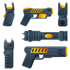 Set of cartoon icons of shockers and tasers, vector illustration