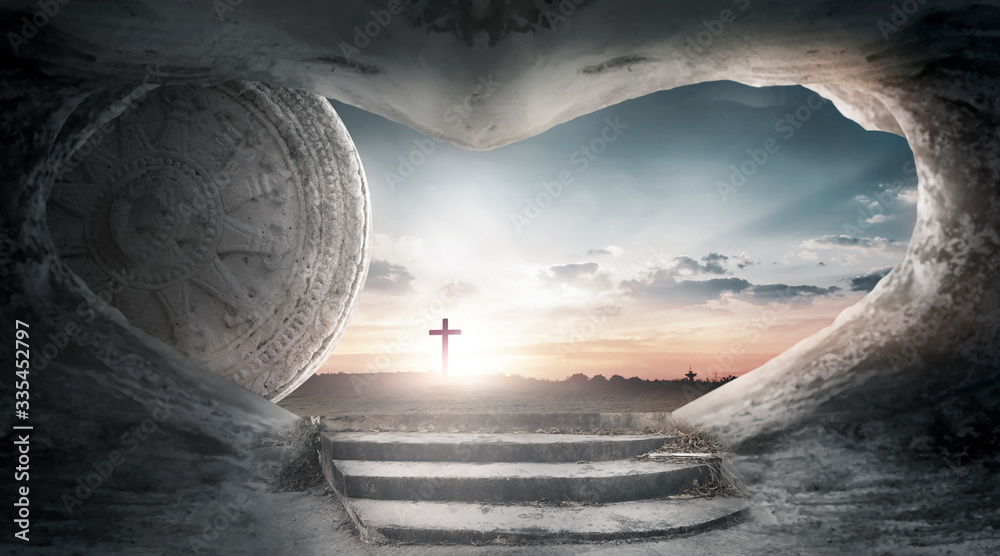 Good Friday concept: Tomb empty with cross on sunset background - obrazy, fototapety, plakaty 