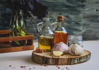 Natural seasonings like garlic, olive oil, parsley and dried pepper seeds.