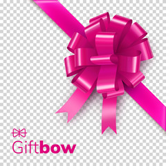 Wall Mural - Pink gift bow from satin tape isolated on transparent background. Beautiful realistic decoration for valentines day congratulation. Elegant layout with shiny silk ribbon bow vector illustration.