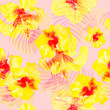 hibiscus flowers print on pink background, watercolor floral seamless pattern.