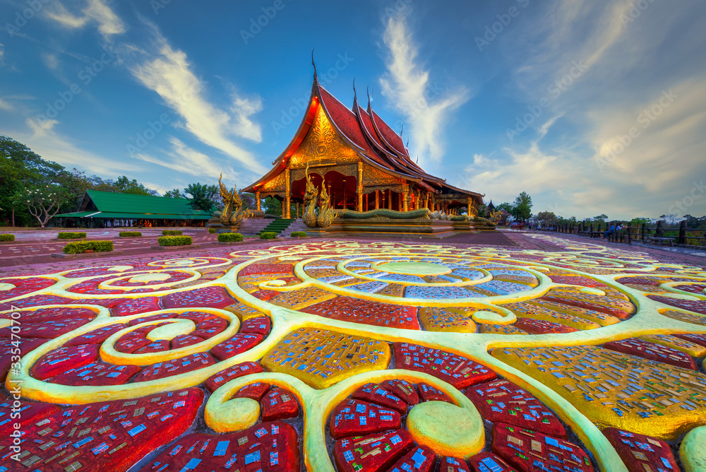 Beautiful floor pattern as foreground at Sirindhorn Wararam temple (Wat Phu Prao) at Ubonratchathani province in Thailand . - obrazy, fototapety, plakaty 