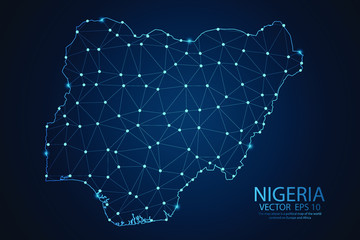 Wall Mural - Abstract mash line and point scales on dark background with map of Nigeria. Wire frame 3D mesh polygonal network line, design sphere, dot and structure. Vector illustration eps 10.