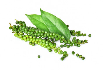 Wall Mural - Fresh green peppercorns isolated on white background.