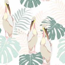 Tropical Mint Palm Leaves And Plants, Exotic Flowers, Pelican Floral Seamless Pattern, White Background. Exotic Jungle Bird Wallpaper, Mint Colors.