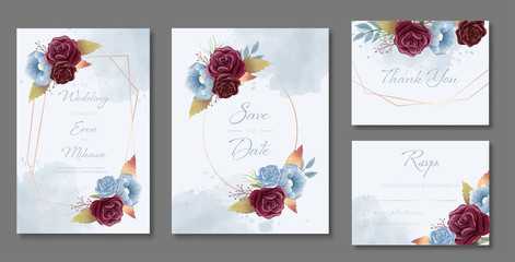 Beautiful set of wedding card templates. Decorated with roses and wild leaves in burgundy and dust blue theme.