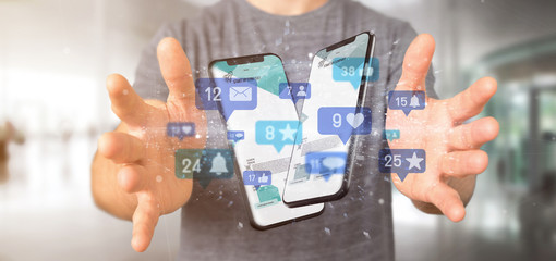 Poster - Businessman holding Social network notifications - 3d rendering