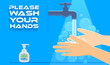 Vector illustration of a pair of hands washing under running tap water. A bottle of soap.