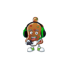 Poster - A cartoon design of gingerbread bell talented gamer play with headphone and controller