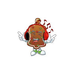 Sticker - Cartoon mascot design gingerbread bell enjoying music with headset